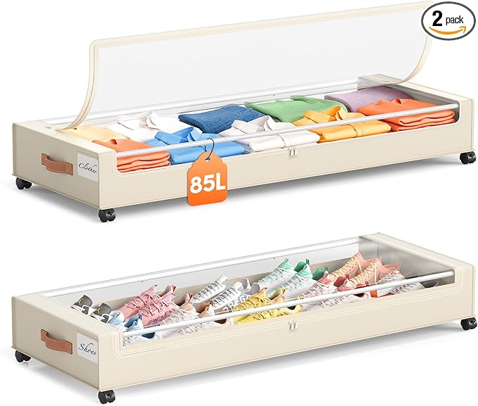 Yecaye Under Bed Storage with Wheels 2 Pack, 85 L Extra Large Under Bed Storage Containers with Metal Frame & Clear Lid, Rolling Underbed Organizer Bins Drawers for Clothes, Shoes, Blankets, Beige by Yecaye