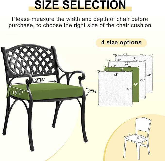 downluxe Waterproof Outdoor Chair Cushions Set of 2, 19" x 19" x 3" Patio Chair Cushion with Non-Slip Ties & Handle, Square Outdoor Cushion for Patio Furniture with Removable Cover, Grass Green - Image 6