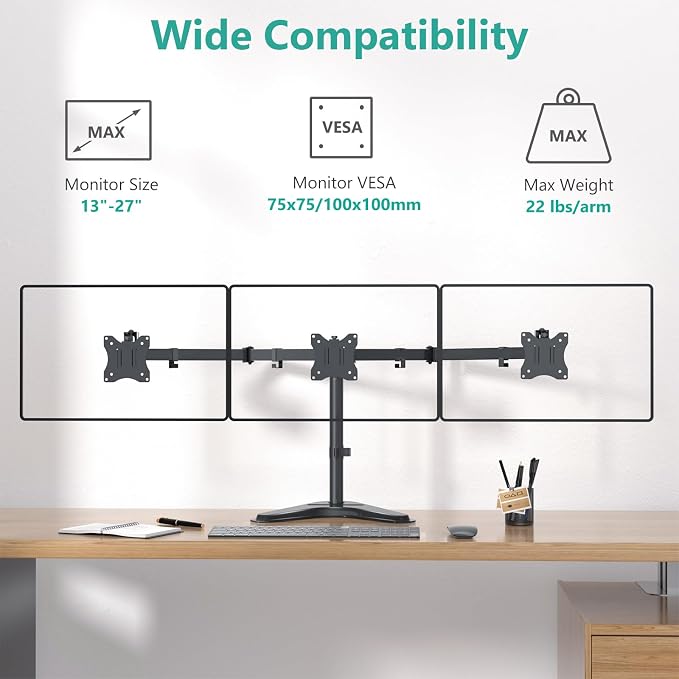 WALI Freestanding Triple Monitor Stand for 13-27 inch Screens，22lbs per Arm | Articulating 3 Monitor Desk Mount, Full Motion with Tilt, Swivel, Rotation, C-Clamp & Grommet Base, VESA 75/100mm (MF003N) - Image 2