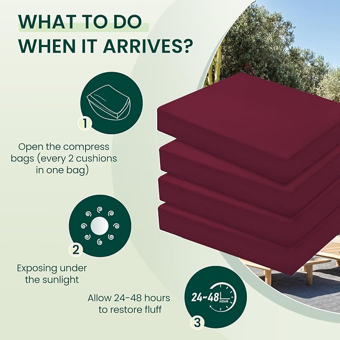 HARBOREST Outdoor Chair Cushions Set of 4, Water Resistant Patio Chair Cushions with Ties, Square Corner Outdoor Seat Cushions for Patio Furniture, 18.5"x16"x3", Burgundy - Image 5