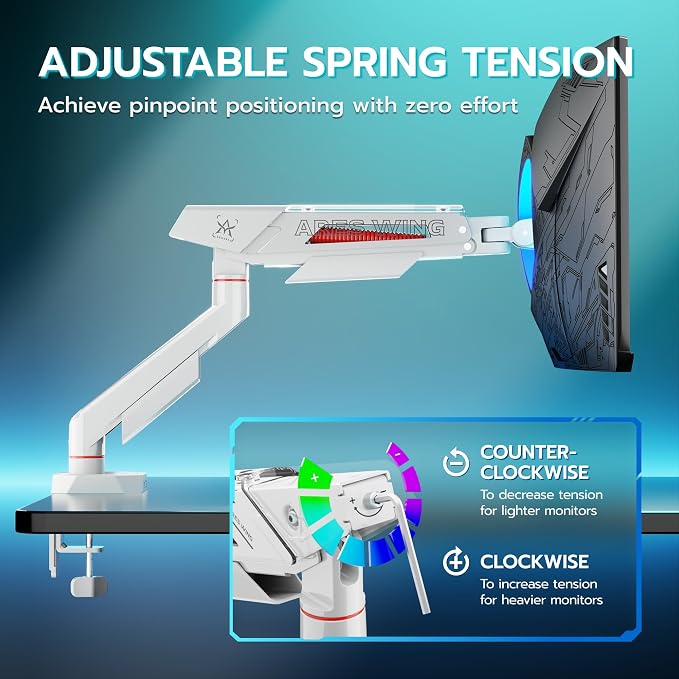 ARES WING Single Monitor Arm for 17-40 Inch Flat Curved Screens, White | Fully Adjustable Monitor Mount for Ultrawide Screens up to 26.5lbs, C-Clamp & Grommet Base, 75/100 Vesa Mount - Image 7