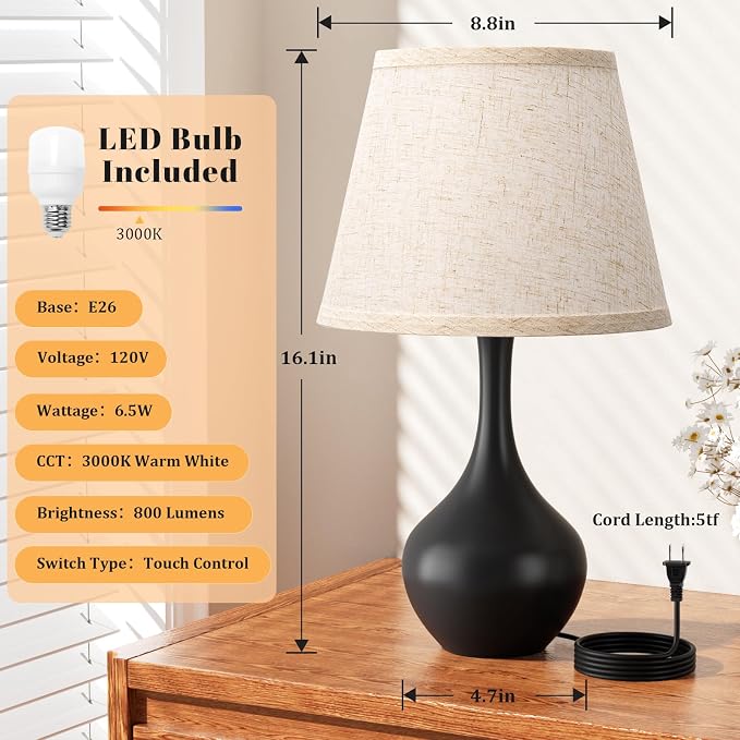 16.1" Touch Table Lamp for Nightstand, 3 Way Dimmable Small Bedroom Lamp | Touch Control, Bulb Included, Black Bedside Lamps for Desk, Night Stands, Living Room, End Table, Corded - Image 5