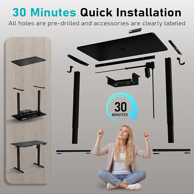 35" Electric Standing Desk, Small Sit Stand up Desk, Black | Height Adjustable Computer Desk for Home Office, Compact Work & Gaming Desk with Cable Management and Stable Steel Frame - Image 9