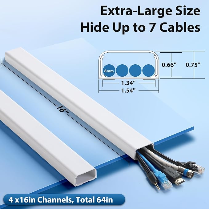 ZhiYo 64" Cord Covers for 4-7 Wires on Wall, White, 1.54" W x 0.75" H | Paintable TV Cord Hider for Wall-Mounted TVs, Self-Adhesive Wire Cover for Walls, Easy Installation, 4 Pack (16" Each) - Image 2
