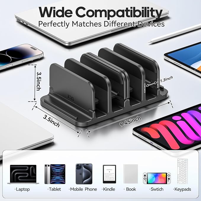 KDD 4-Slot Vertical Laptop Stand with Gravity Locking, 6-in-1 Laptop Holder Desktop Stand, Space-Saving Organizer Fits MacBook/Surface/HP/Dell/Book/Tablet/Switch/Cell Phone and Keyboard - Image 4