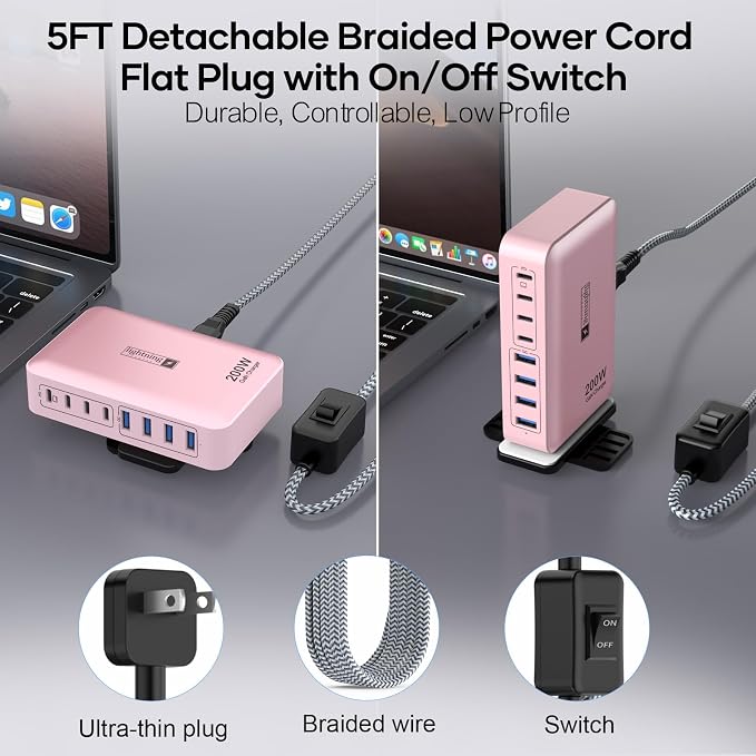8-Port USB C Fast Charger Block 200W with Flat Plug, Braided Power Cord, and On/Off Switch- USB Charging Hub for iPhone, iPad, MacBook and More- 65W C Port Power Adapter for Laptops - Image 5