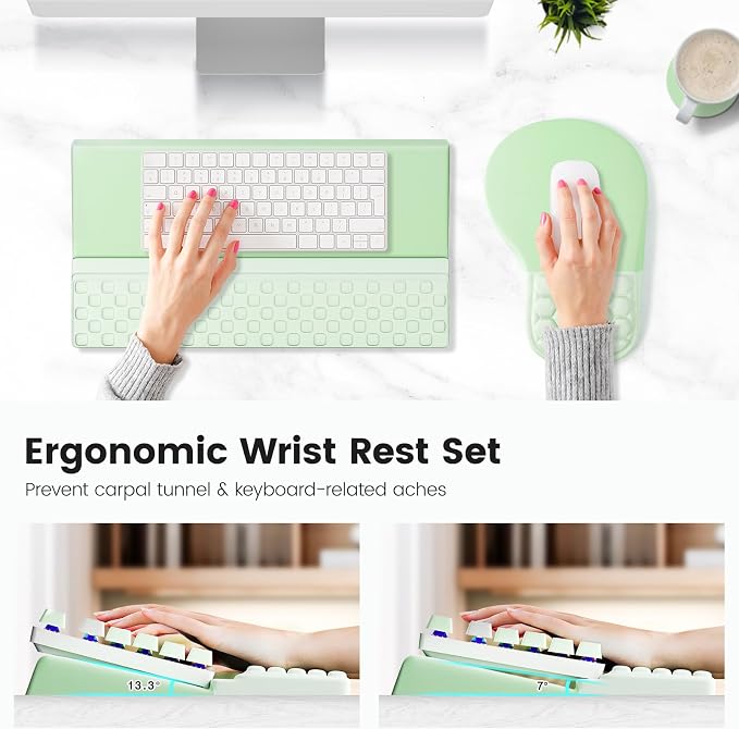 Ospelelf Ergonomic Mouse Pad and Keyboard Stand Wrist Rest Set, Memory Foam Comfort, Pain Relief for Typing, Office Desk Accessories, Green - Image 2