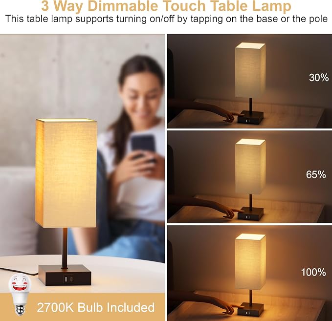 Bedside Table Lamp for Bedroom with 2 USB Ports, 14-Inch, Beige | USB A+C Ports, Touch 3-Way Dimmable LED Bulb Included Fabric Lampshade Metal Base Small Nightstand Lamp for Desk Living Room - Image 2