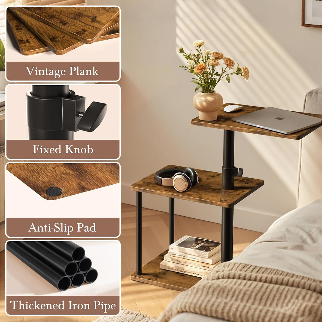 360° Swivel Side Table for Height Adjustable, C Shaped End Table for Couch with Storage, 3-Tier Night Stand with Open Shelf, Tv Tray for Small Spaces, Living Room, Bedroom, Rustic Brown - Image 8