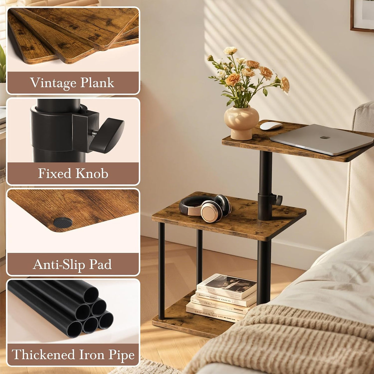 360° Swivel Side Table for Height Adjustable, C Shaped End Table for Couch with Storage, 3-Tier Night Stand with Open Shelf, Tv Tray for Small Spaces, Living Room, Bedroom, Rustic Brown - Image 8