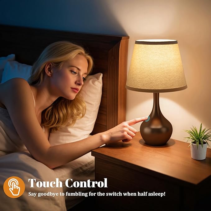 16.1" Touch Table Lamp for Nightstand, 3 Way Dimmable Small Bedroom Lamp | Touch Control, Bulb Included, Brown Bedside Lamps for Desk, Night Stands, Living Room, End Table, Corded - Image 3