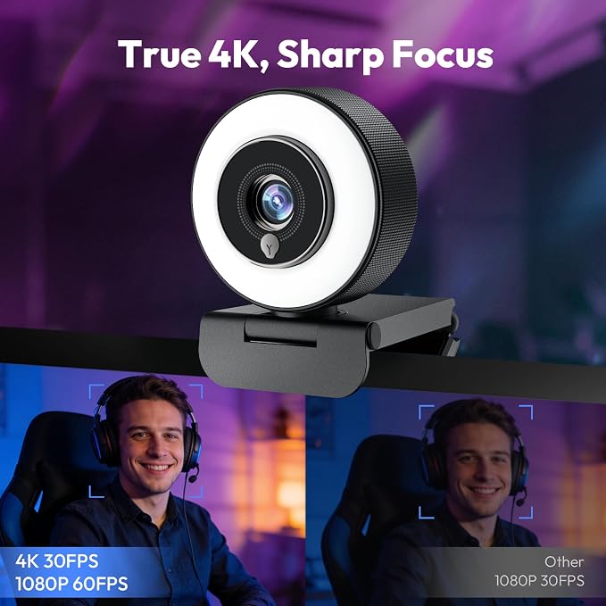 Angetube 4K Webcam with Ring Light, Computer Web Camera for Desktop, Laptop | 4K@30FPS, PDAF Autofocus, 1080P@60FPS, 2 Microphones, USB-A/C, Privacy Cover, Streaming Web Cam for PC Mac, Zoom Teams Twitch - Image 2