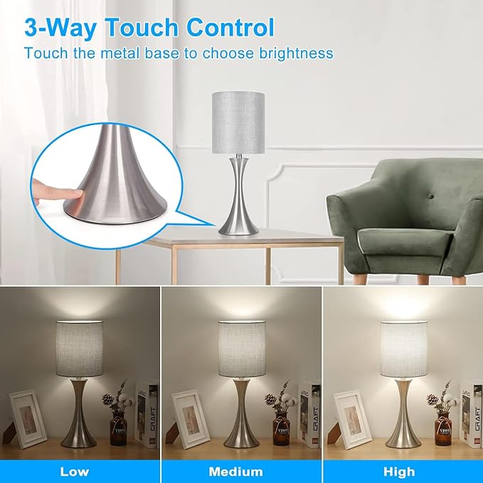 3 Way Touch Control Table Lamp, Dimmable Bedside Desk Lamp with Metal Base Modern Nightstand Lamp Stylish Grey Shade Simple Side Table Lamp for Bedroom, Living Room, Office or Den LED Bulb Included - Image 2