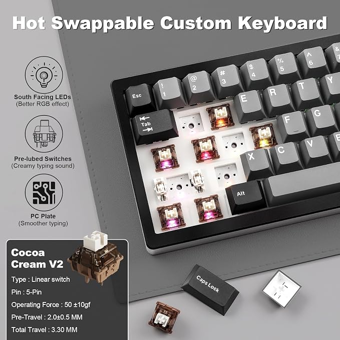 YUNZII AL68 Wireless Mechanical Keyboard,Full Aluminum CNC,60% Layout with Knob, QMK/VIA Software,Gasket Mounted,Hot Swappable,RGB Backlit,BT/2.4G/USB-C for Mac/Win (Black, Cocoa Cream V2) - Image 5