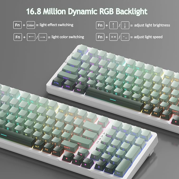 MageGee LIGHT100 Wireless Creamy Keyboard, Gasket Structure Hot Swappable, 2.4G/USB-C/BT5.0 RGB Backlit Mechanical Gaming Keyboard for Win/Mac/PC, 8000mAh Battery, Side Printed PBT Keycap, Green - Image 5