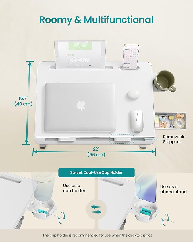SONGMICS Bed Laptop Desk, Foldable Bed Desk for Laptop, 15.7 x 22 Inches Large Desktop, 120° Stepless Tilt, Adjustable Height, Cup Holder, Tray, Portable Sofa Table, White ULLD113WB01 - Image 5