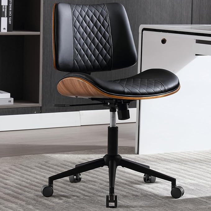 Home Office Chair No Arms with Wheels, Mid Back Walnut Style, Black | Adjustable Height Small Desk Chair, PU Leather Mid Back 360 Swivel Computer Seating, Armless Walnut Office Chair, 300LBS by BERYTH
