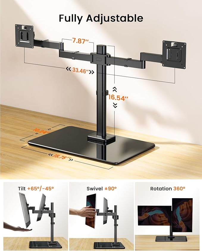 ErGear Freestanding Dual Monitor Stand for 17 to 32 Inch Screens, Computer Monitor Mount for 2 Screens, Dual Monitor Arm with Tempered Glass Base, VESA Mount Desk Stand Holds 22 lbs per Arm - Image 3