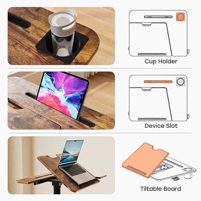 JOY worker Mobile Sit Stand Desk, 60° Tiltable Portable Desk, Rustic Brown | Pneumatic Height Adjustable Cart, Rolling Sit Stand Desk with Wheels & Cup Holder for Office Home School, Holds Up to 22lbs - Image 8