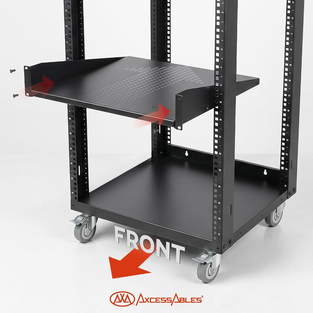 AxcessAbles 8U Open Frame Network Rack with Locking Caster Wheels - 440lb Capacity, 18" Depth | 19-Inch Open Server Rack, one 1U Shelves, 10-32 Screws & Cage Nut Rails, Cage Nut Tool & Wall Kit - Image 2