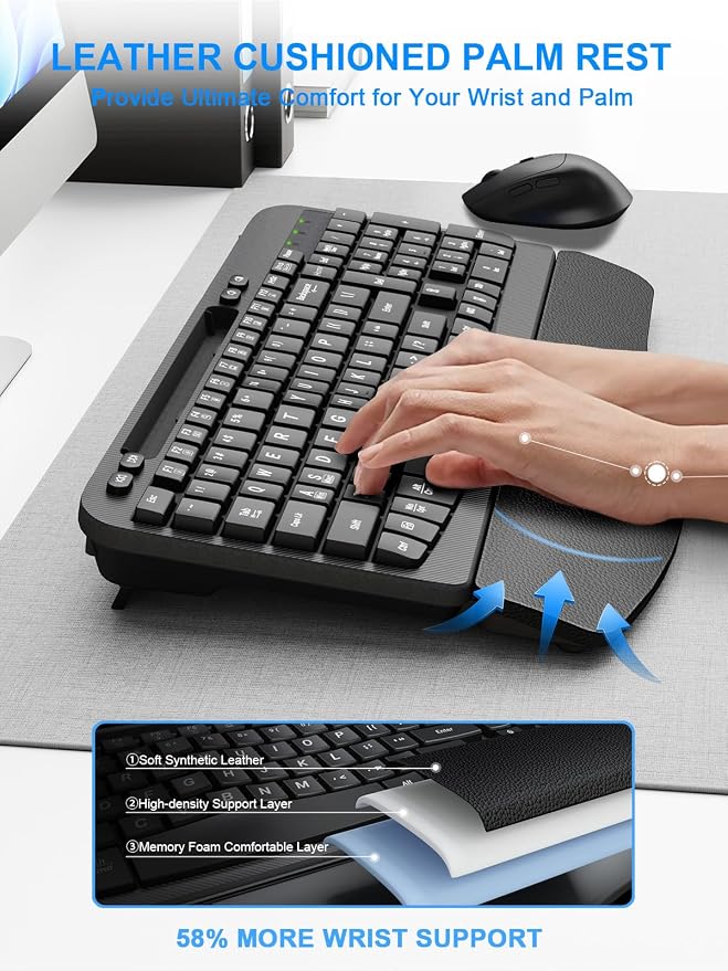 Hayyiesh Ergonomic Wave Keys Wireless Keyboard and Mouse Combo, Full Size with Memory Foam Wrist Rest & Phone Holder, 2.4G Cordless Set with USB-C Adapter for Windows Mac Desktop Laptop (Black) - Image 3