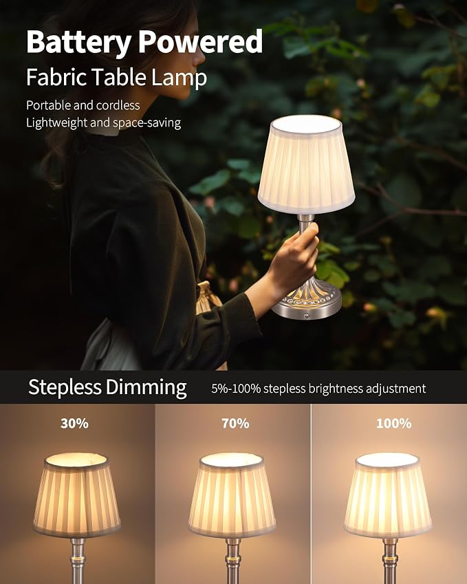 KDG Nickel Cordless Table Lamps Set of 2, Beige Fabric Shade Desk Lamp | Portables 4000mAh Battery Powered, Small LED Lighting, 2700K Stepless Dimmable, Light for Living Room, Dining Room, Bedroom - Image 4