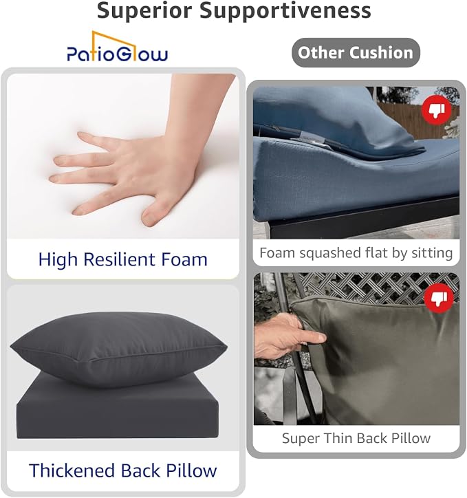PatioGlow Outdoor Seat Cushion Set 24 x 24 x 4 Inch, Waterproof & Fade Resistant Patio Furniture Cushions with Removable Cover and Ties, Thick Deep Seating Pads for Outside Chair Sofa Couch, Grey - Image 5
