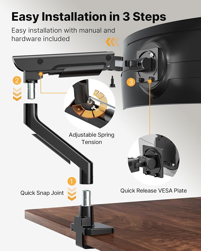 monTEK Heavy-Duty Monitor Arm for 17-57" Ultrawide, 59.4 lbs, Black | Pneumatic lift, quick-release VESA 75/100 plate, full motion, clamp/grommet bases and hidden cable routing - Image 4