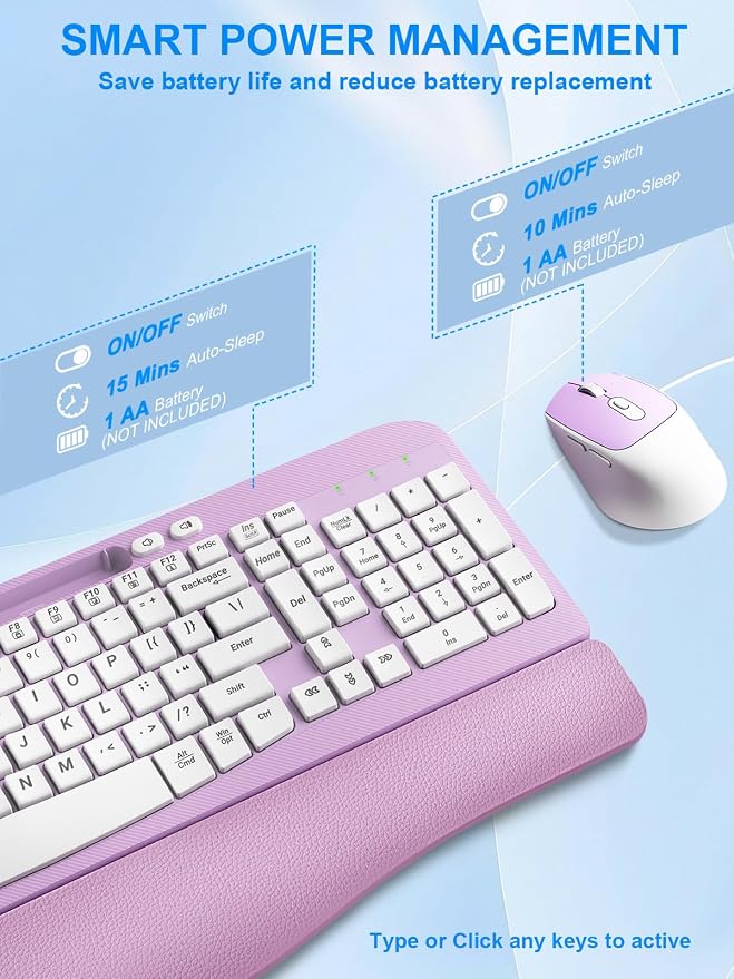 Hayyiesh Ergonomic Wave Keys Wireless Keyboard and Mouse Combo, Full Size with Memory Foam Wrist Rest & Phone Holder, 2.4G Cordless Set with USB-C Adapter for Windows Mac Desktop Laptop (Purple) - Image 9