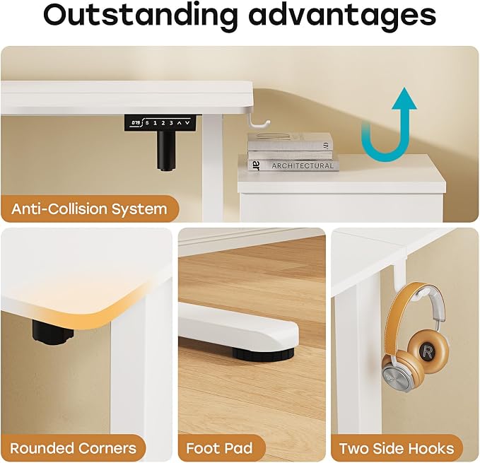40" Electric Standing Desk, White Standing Desk with 2 Hooks | Height Adjustable Sit Stand Desk with 2 Hooks, Stand up Desk with Splice Board & Sturdy Frame for Home Office - Image 6