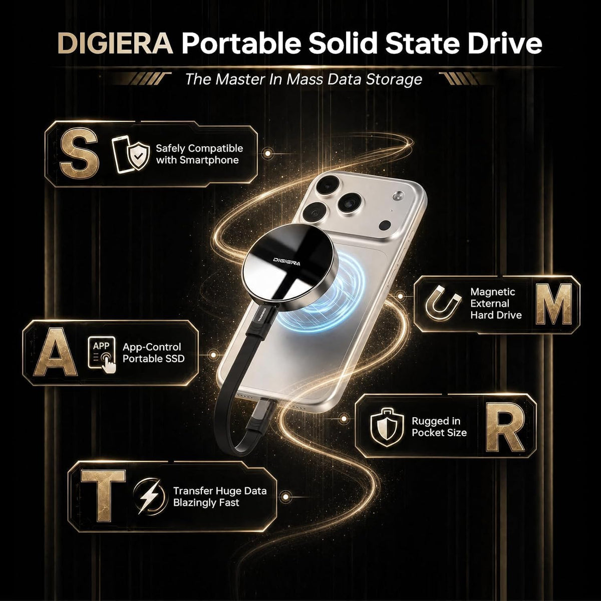 DIGIERA 512GB Magnetic External Hard Drive, Portable SSD with USB-C 3.2 Gen 2x2 Max Speed 550MB/s, Compact Durable External Solid State Drive Compatible with iPhone 15/16/17/18 & USB-C Devices, Black - Image 2