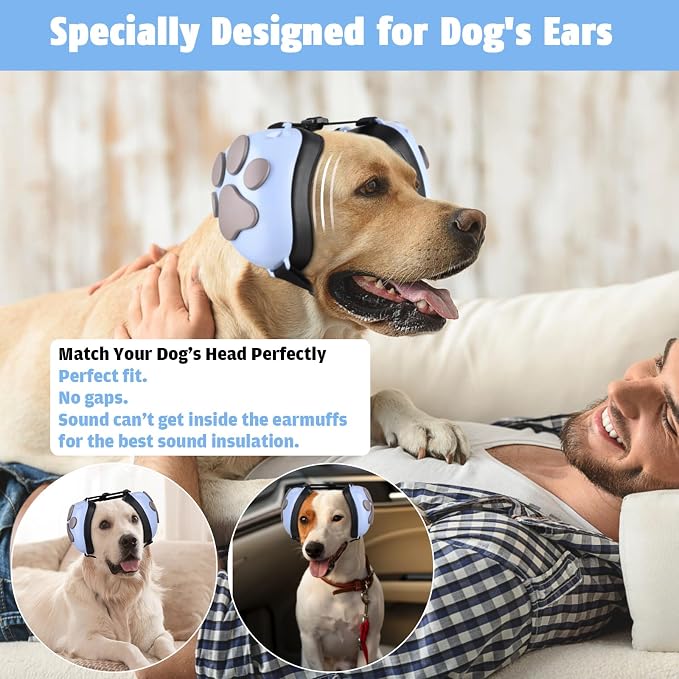 Dog Ear Muffs Noise Protection - 32dB NRR Noise Cancelling Headphones | Upgraded Calming Earmuffs for Hearing Protection, Thunder, Fireworks & Hunting with Dog Paw Design (M, Light Blue-Gray) - Image 2