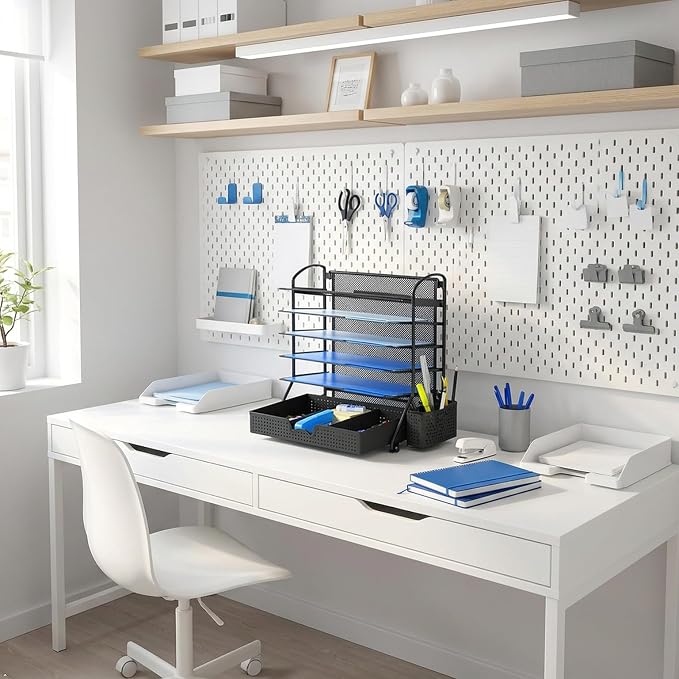 Simple Houseware 6-Tier Desk File Organizer w/Drawer & Pen Holder, Black | 5 Tilted Letter Trays for A4 Paper, Mail and Documents - Image 12