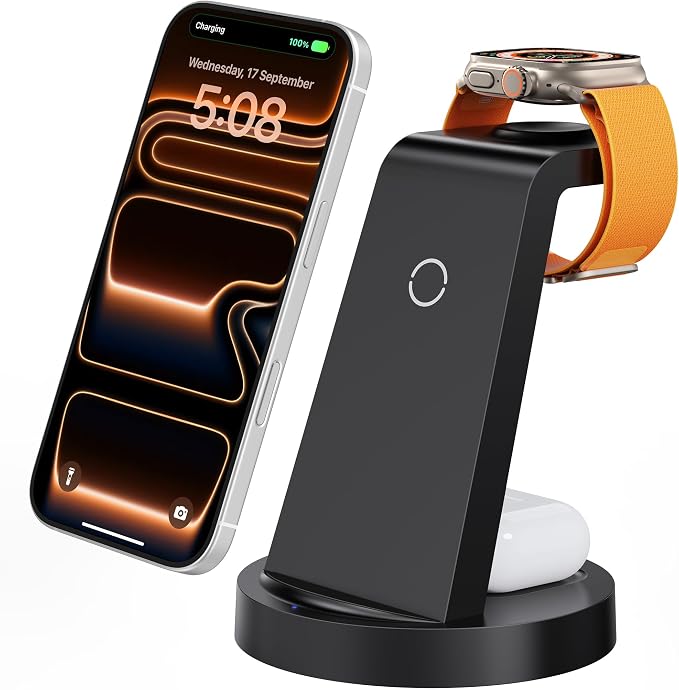Anlmz 3 in 1 Charging Station for iPhone, Wireless Charger for iPhone 17 16e 16 15 14 13 12 11 X Pro Max & Apple Watch - Wireless Charging Station for AirPods 4 3 Pro by WirelessCharger