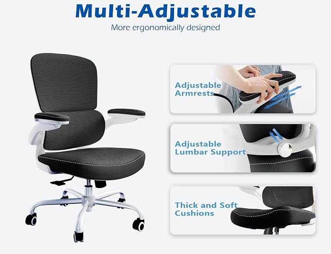 TRALT Ergonomic Office Chair Desk Chair with Adjustable Lumbar Support | Desk Chair Comfy with Flip-up Armrests Ergonomic Chair - Mesh Computer Chairs for Adults, 330lbs, PU Leather (Black White, 1) - Image 5