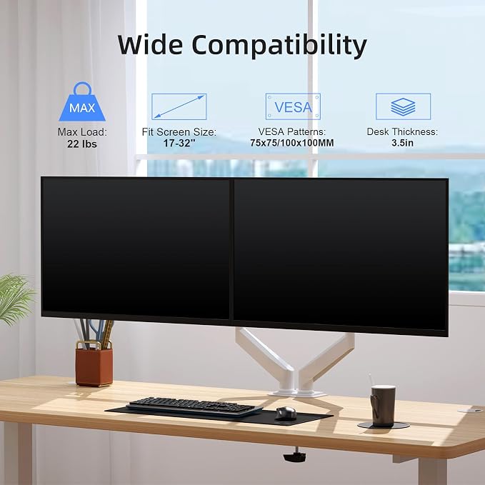 Suptek Dual Monitor Mount Stand-Height Adjustable Gas Spring Monitor Arm Desk Mount for 2 Monitor Screens 17 to 32 inches - Each Arm Holds up to 22lbs,White(MD8SPW) - Image 2