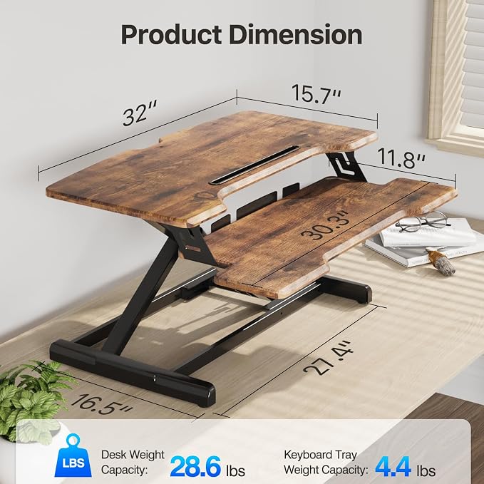 32" Standing Desk Converter, Quick Sit to Stand Desk Riser | Height Adjustable Stand up Desk with Keyboard Tray for Dual Monitor, Copmputer Workstation for Home Office, Rustic Brown - Image 6