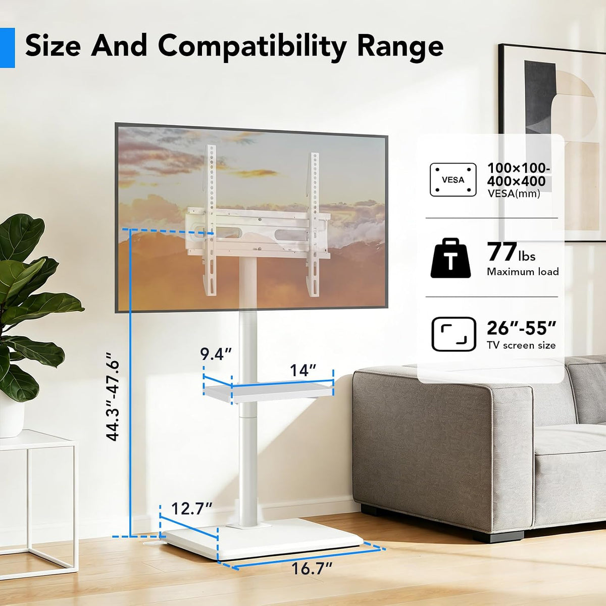 Floor TV Stand with Mount for 26-60 inch TVs up to 77 lbs, Height Adjustable Swivel Tilt TV Stand with Wood Base & Shelf, Saving Space Design for Bedroom, Living Room and Corner, White - Image 8