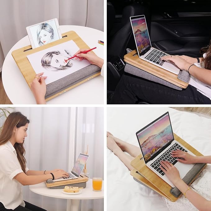Adjustable Bamboo Lap Desk with Cushion - 5 Tilting Angles Ergonomic Laptop Bed Tray for Computers 15 inches or Less, Phone & Tablet Holder Slot, Dual Bolster for Comfort on Couch, Bed, Sofa & Car - Image 7