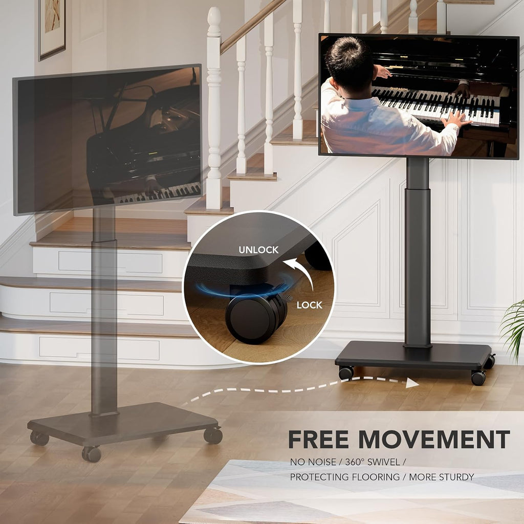 Universal Floor TV Stand, Portable Rolling Floor TV Mount with Wheels, 80 Degree Swivel Height Adjustable for 27 to 65 Inch LCD LED OLED, Holds up to 88 lbs Mobile TV Cart, Max VESA 400x400mm - Image 4