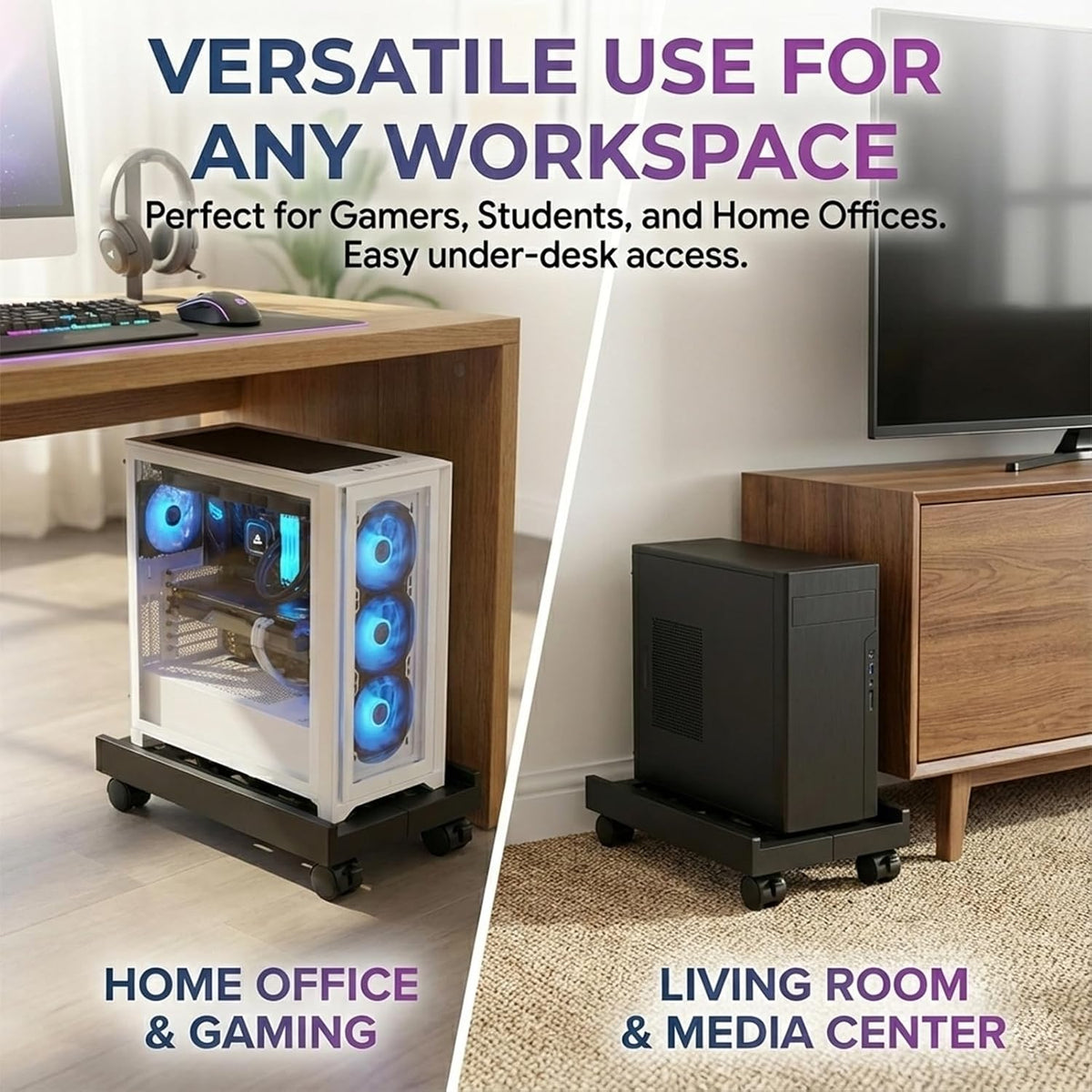 Adjustable Mobile CPU Stand with 4 Caster Wheels - Ventilated Tower Stand, Fits Most PCs - Under Desk CPU Holder, PC Floor Cart, Riser for Gamers and Students (Black) - Image 6
