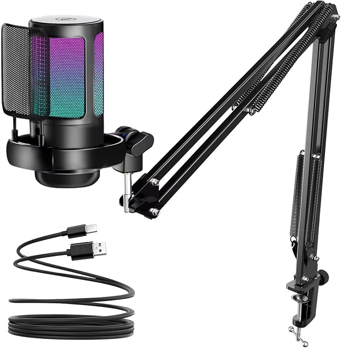 KingSom Gaming USB Microphone,Noise-Canceling Condenser Mic with Boom Arm | Podcast Microphones RGB Computer Mic,Streaming Microphone with Pop Filter, Mute Button,Gain for Recording,Discord,YouTube by KingSom