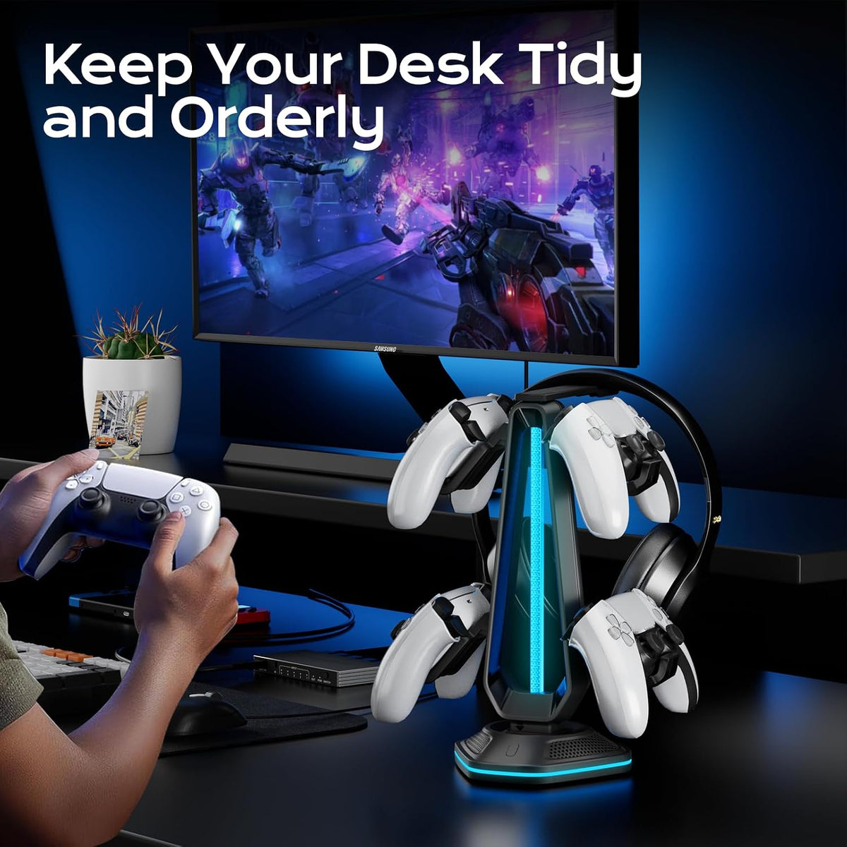 Saitake RGB Controller Holder with 9 Light Modes,Controller Stand with 2 USB Ports,Headset Stand for Desk-Headphone Holder Suitable for Xbox PS4 5 Switch Controllers Gaming Room Deco - Image 6