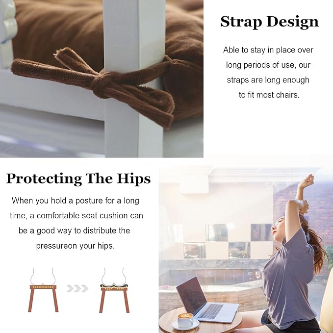 6 Pack Square Seat Cushion Chair Pads for Kitchen Dining Chairs, Soft Comfort Velvet Chair Mat Pillow Cushions with Ties for Office Desk Living Room Tatami 15.5", Coffee - Image 4