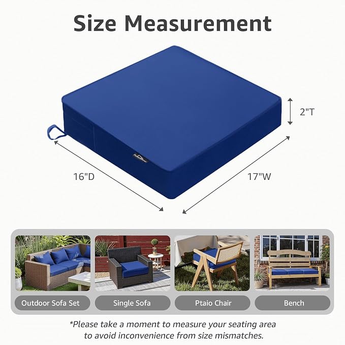 PatioGlow Outdoor Chair Cushions 17 x 16 x 2 Inch, Waterproof & Fade Resistant Patio Seat Cushion for Furniture with Handle and Ties, Thick Seating Pads for Outside Sofa Couch Set of 2, Blue - Image 2