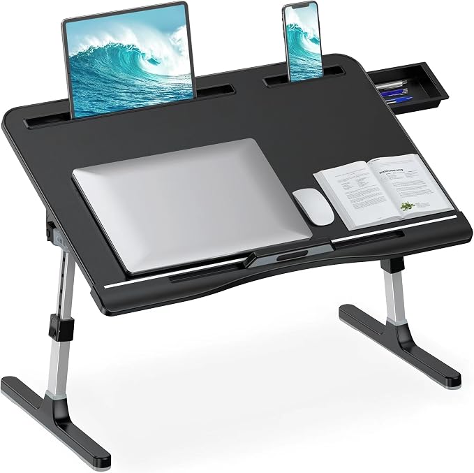 HETTHI Laptop Stand for Bed, Adjustable Leather Bed Desk with Foldable Legs, X-Large Laptop Bed Table Tray with Drawer for Bed Couch Floor Writing Working Reading Eating Painting (Black, 23.6"×15.7") by HETTHI