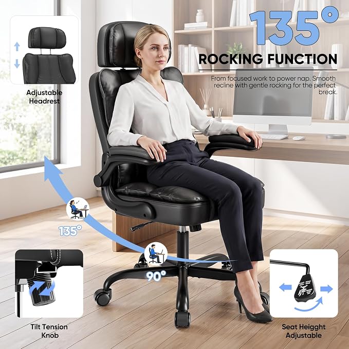 Kensaker Managerial Executive Chair with Adjustable Headrest | High Back Lumbar Support Computer Chair PU Leather Chairs Comfy with Double Padding & 135° Rocking for Home Office, Black - Image 3