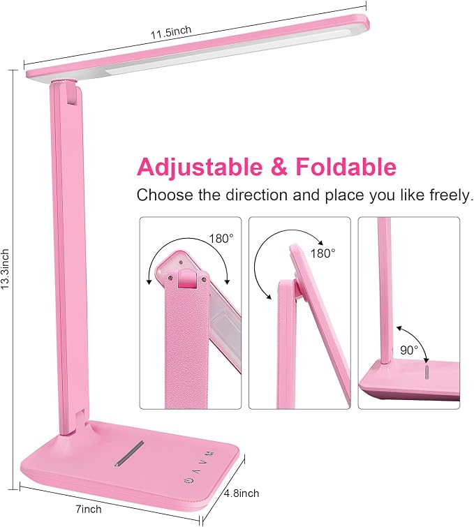 LED Desk Lamp for Office Home, Bright Desk Light with USB Charging Port, Adjustable Dimmable Desk Lamps 5 Modes 5 Brightness, Touch Study Lamp for Nail, Craft, Puzzle, Sewing, Study, Pink - Image 7
