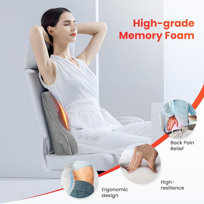 COMFIER Back Lumbar Support Pillow for Office, Heated Back Support with 4 Shiatsu Massage Heads & Heating Function, Memory Foam Lumbar Pillow for Computer Gaming Chair-Gray - Image 7