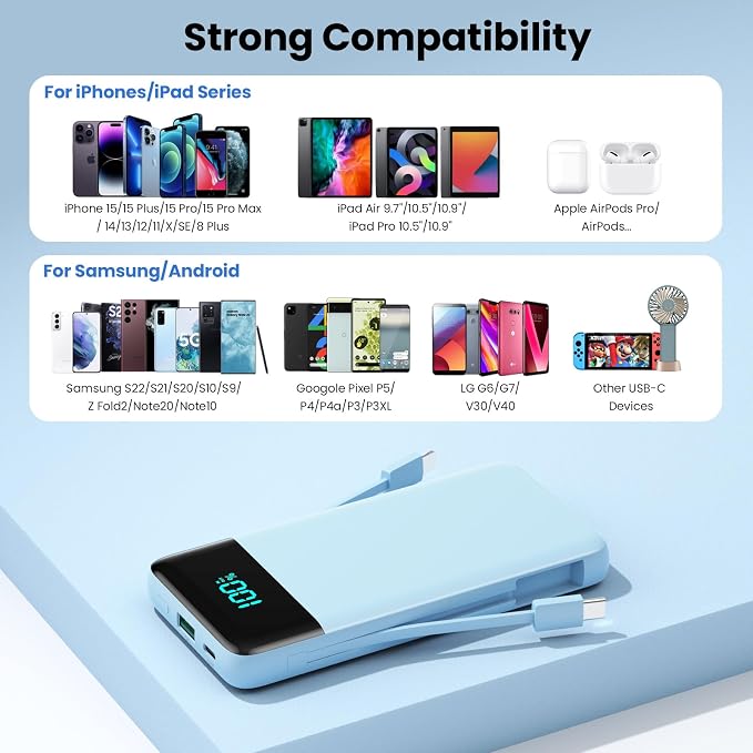 Portable Charger with Built-in AC Plug and Cables,13800mAh All in One USB C Fast Charging Power Bank,Travel Essentials Portable Phone Charger Battery Pack for iPhone 17/16/13,Galaxy,Android-Light Blue - Image 6